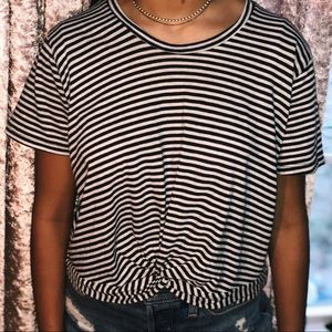 Black and white stripped T-shirt with tie @ bottom